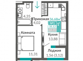 Продается однокомнатная квартира 35,12кв.м. с удобной планировка....