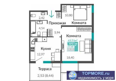 Продается двухкомнатная квартира с террасой в ЖК "Тюльпаны" от надежного застройщика.  Черновая отделка,...